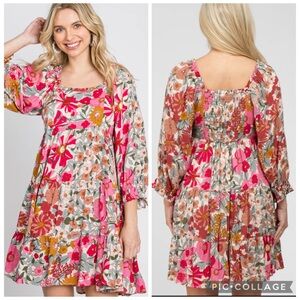 Jodifl Floral Smocked Babydoll Dress Pink Boho Mini Size L